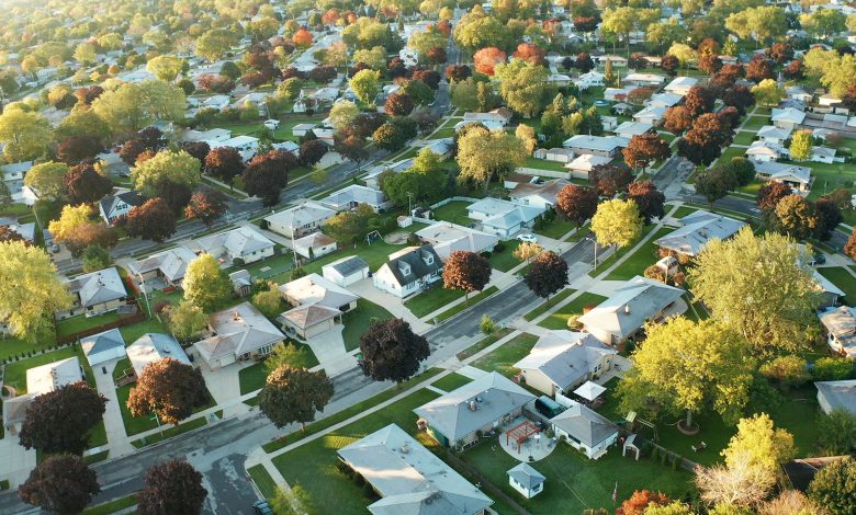 Aerial view of residential houses at autumn (october). American neighborhood, suburb. Real estate, drone shots, sunset, sunny morning, sunlight, from above